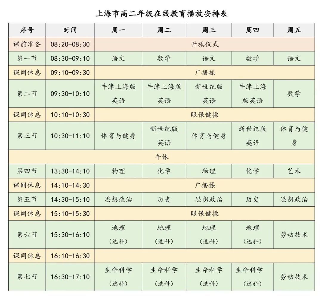 收藏秋季学期上海市中小学在线教育视频课课表