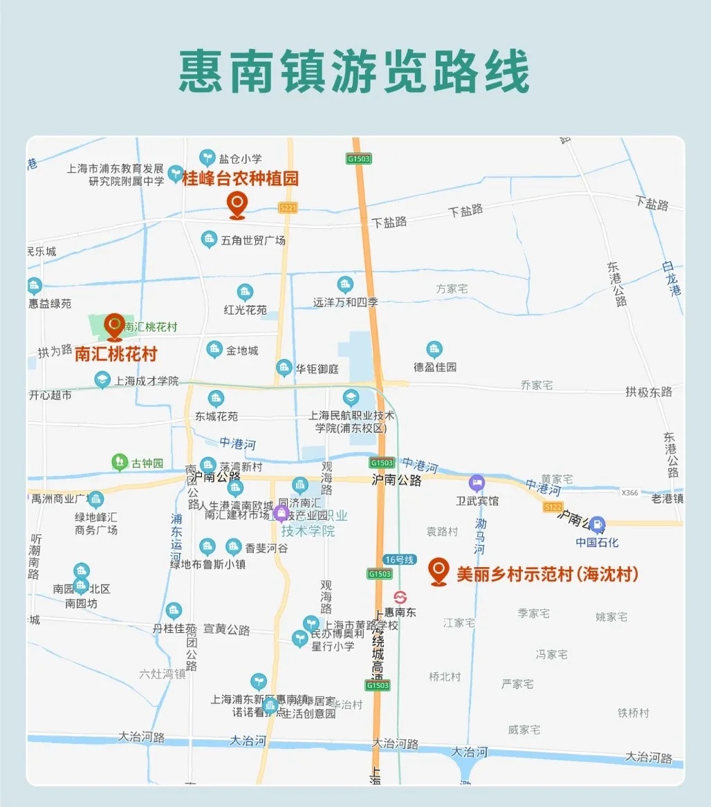 线路一:【惠南镇】美丽乡村示范村(海沈村)——南汇桃花村——桂峰台