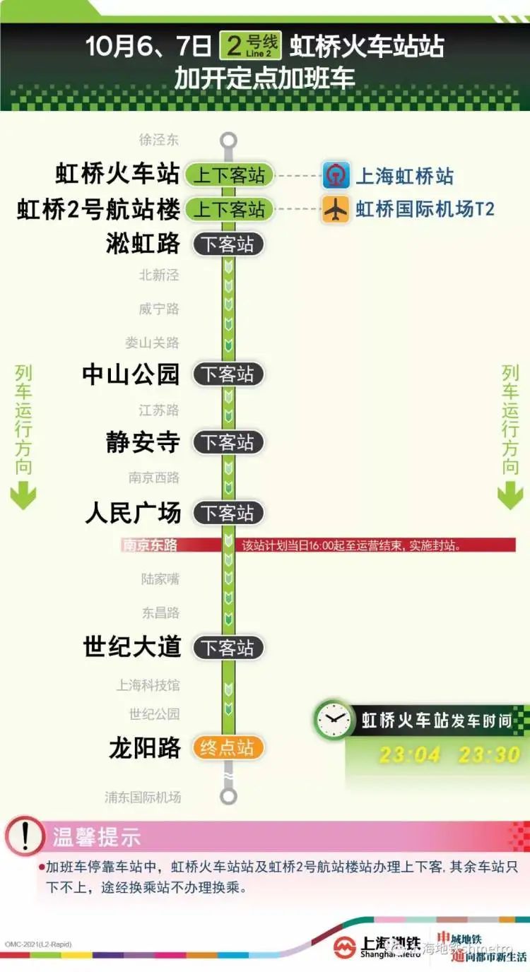 終點站龍陽路站,中途停靠虹橋2號航站樓站,淞虹路站,中山公園站,靜安