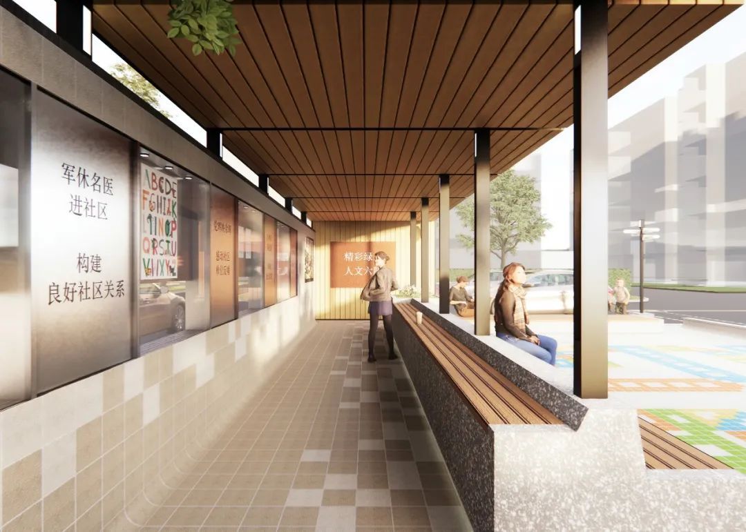 展示长廊效果图 广场北侧的长廊搭配宽大的实木顶棚,是居民安心逗留