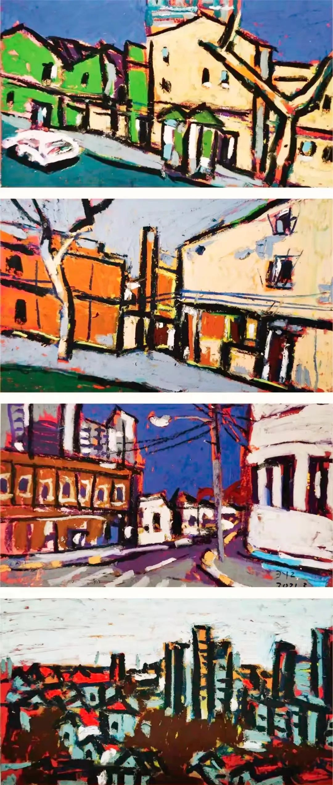 油画棒黄阿忠《抗疫前行者》水彩王伟民《社区核检》油画棒陈迪《心