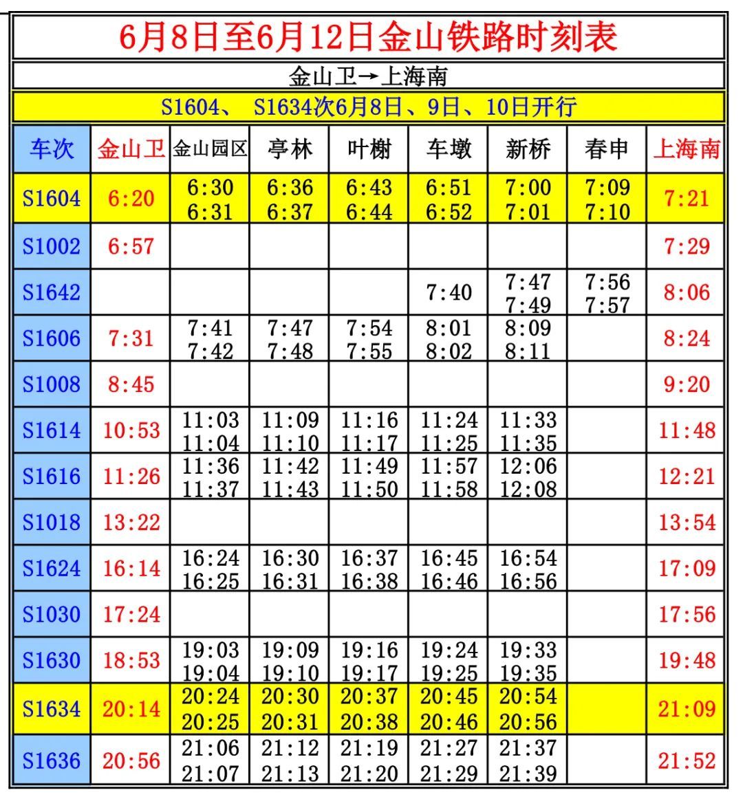金山铁路6月8日至12日恢复部分列车车次
