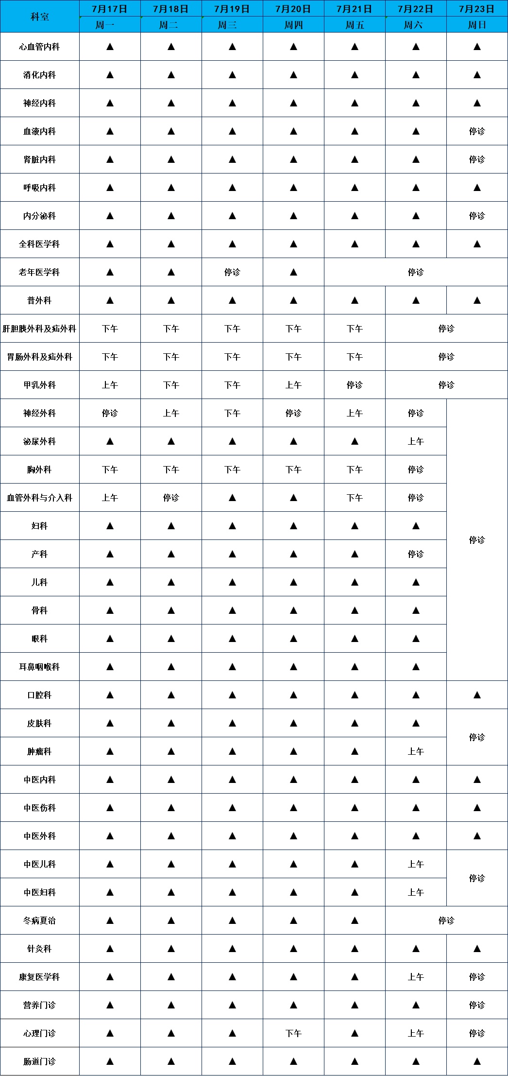  2023年7月17日-7月23日上海崇明医院门诊安排(图1)