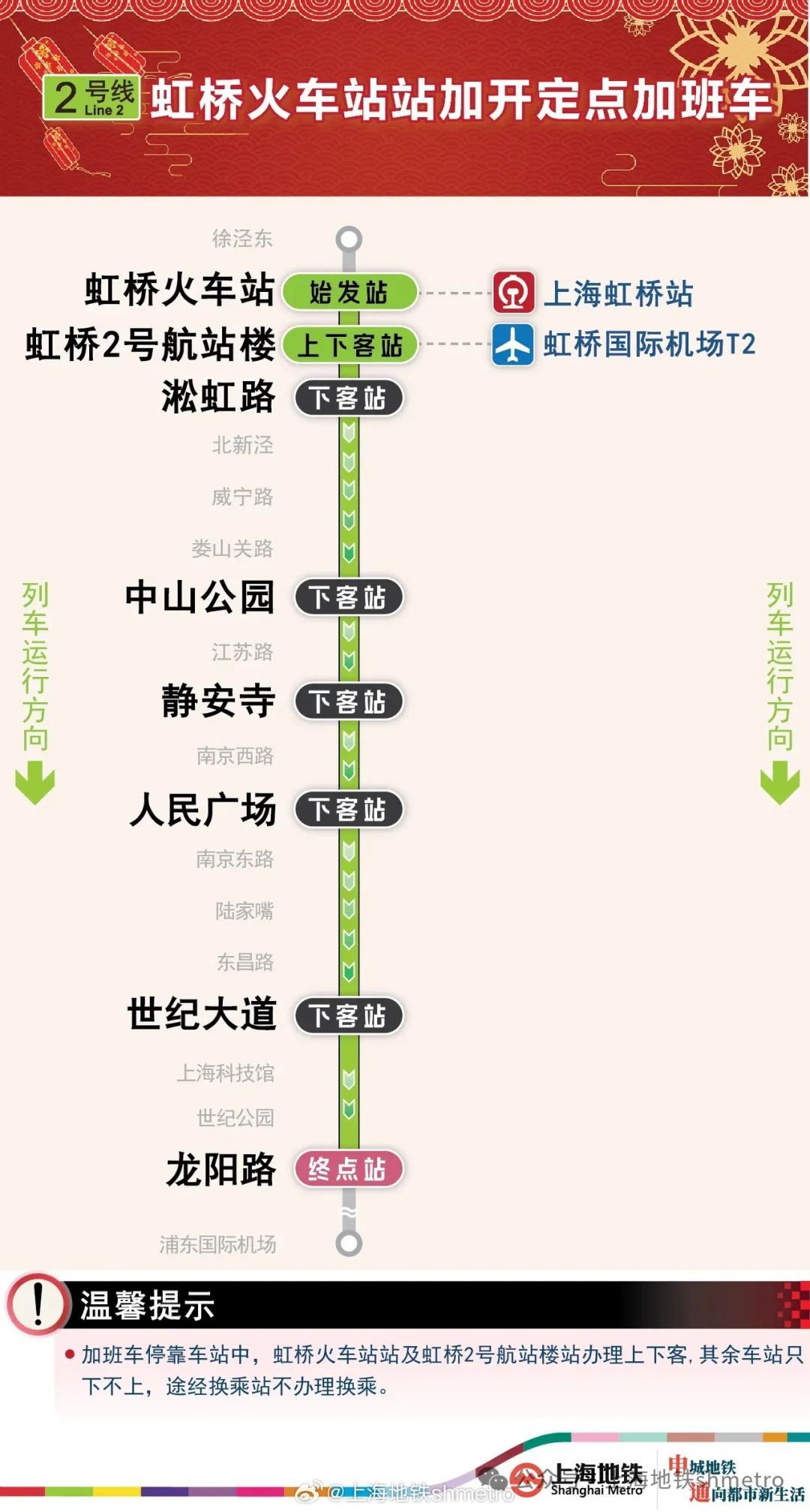 2月20日地铁虹桥火车站10号线加开至23时30分2号线加开至21日2时