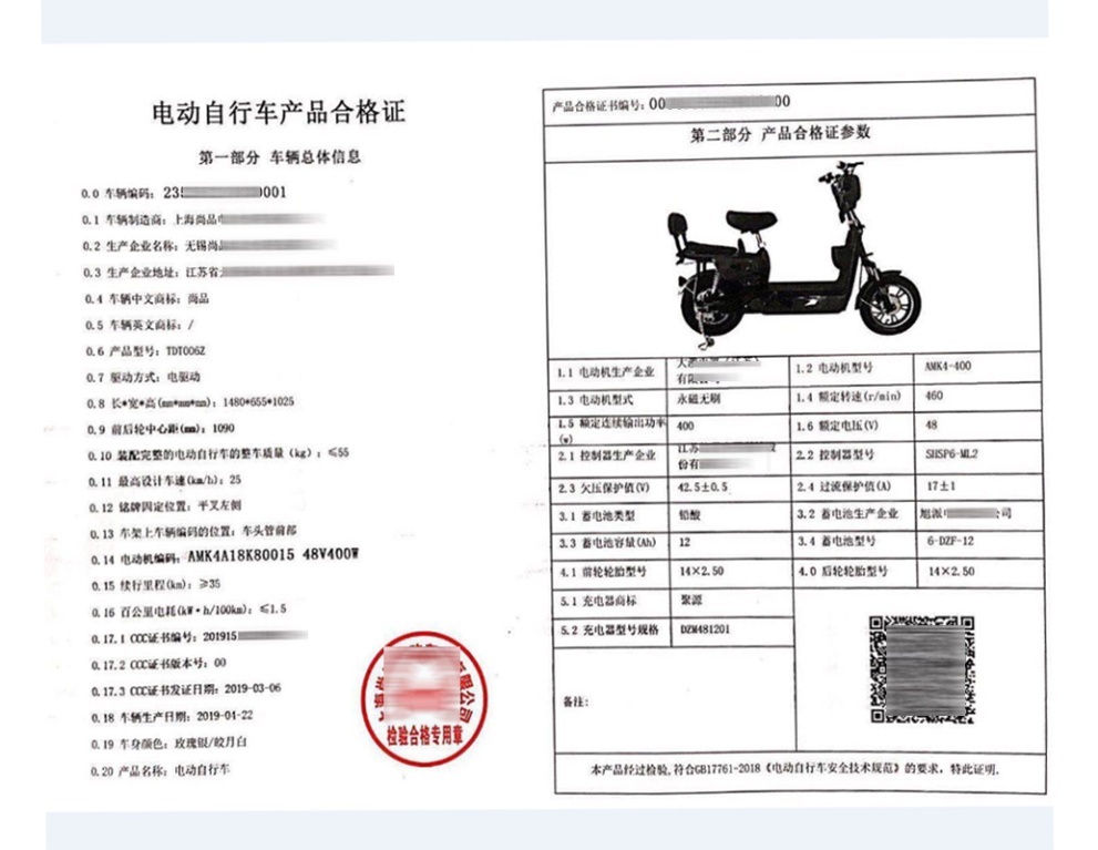 大阳电动车合格证图片