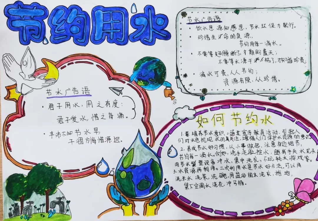 松教院附校的同学们拿起画笔设计精美的节约用水主题手抄报,呼吁
