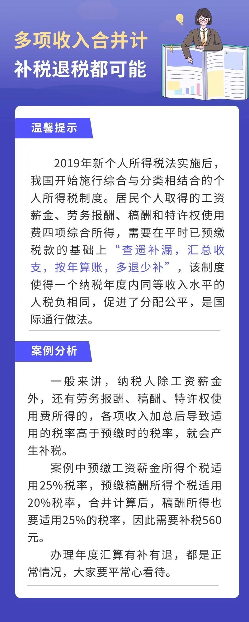 【四格漫画】个税年度汇算中，多项收入合并计 补税退税都可能